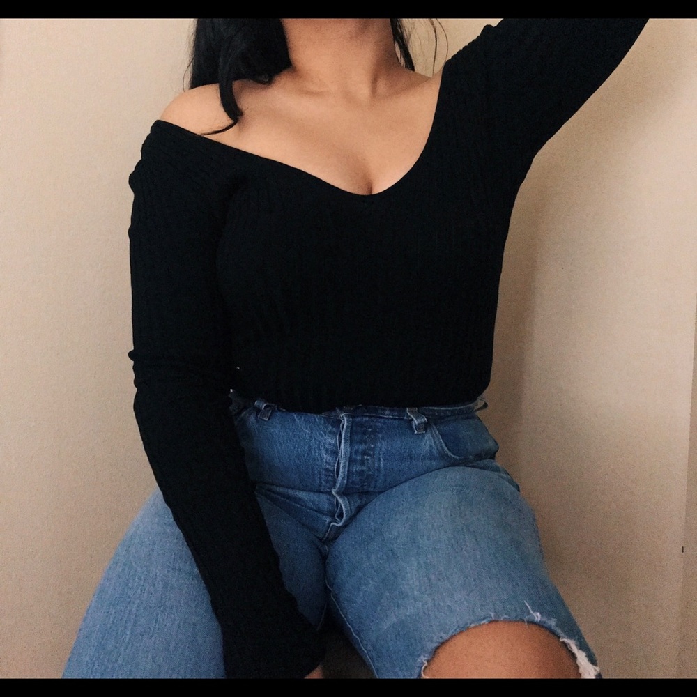 Black ribbed off the shoulder bodysuit